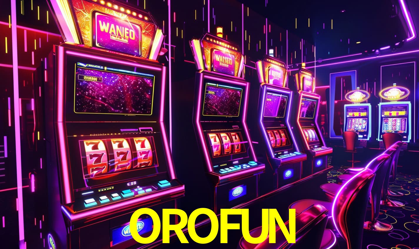 Una escena digital vívida inspirada en casino con OROFUN mostrado prominentemente, luces brillantes, fichas, cartas y acentos dorados.