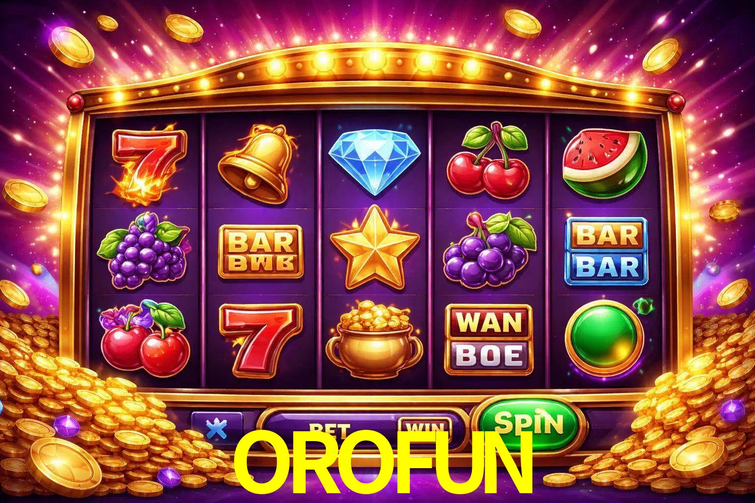 Una interfaz colorida de tragamonedas en línea con símbolos brillantes, monedas y un efecto de victoria celebratoria en OROFUN.