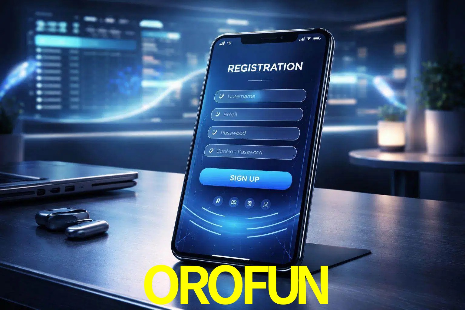 Una interfaz moderna de registro móvil para OROFUN mostrada en un smartphone con un panel de apuestas elegante.